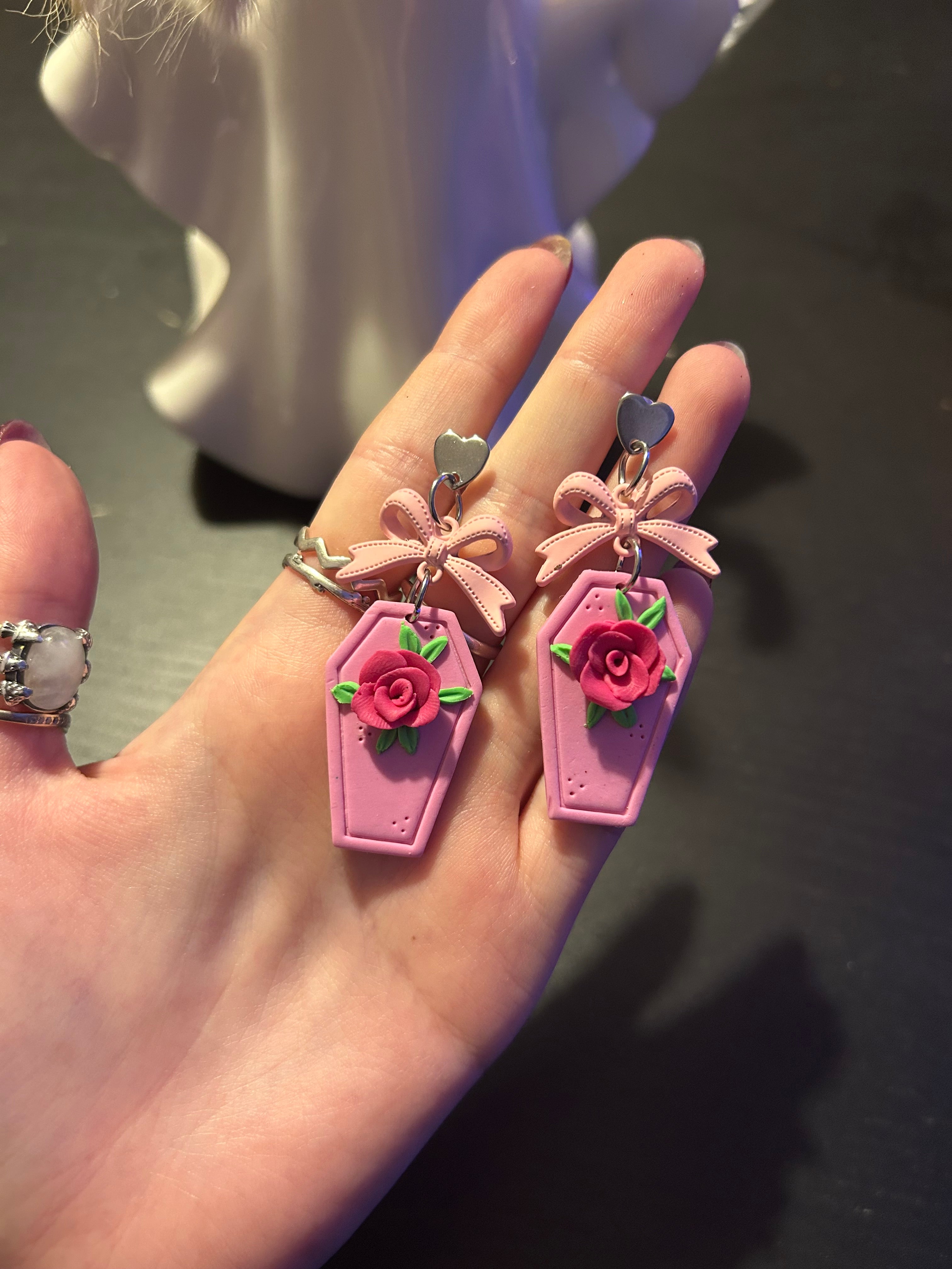 Pastel pink rose bow coffin clay stud Earrings