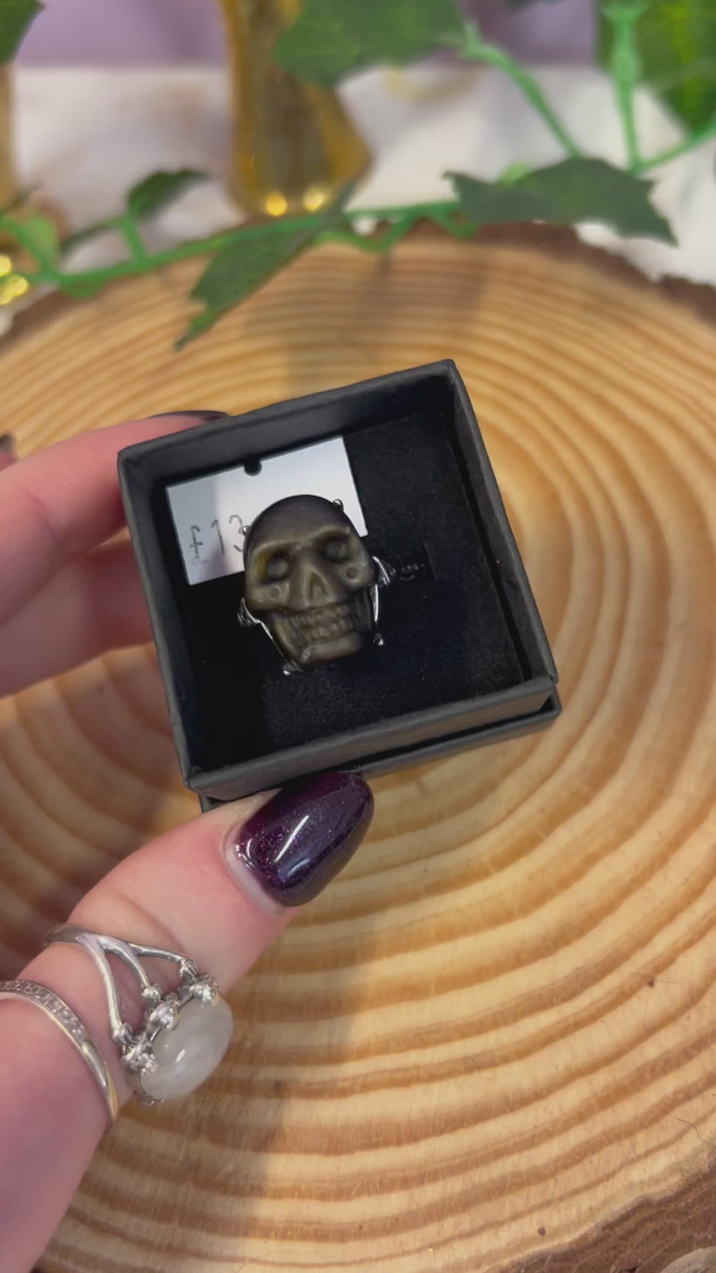 Gold sheen obsidian skull gemstone adjustable ring